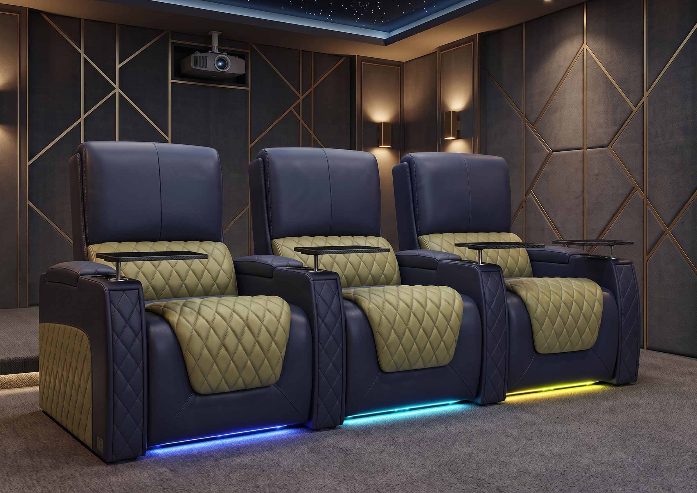 Weilianda AstroUltra Series Blue Custom Dual-Color 3-Seat Home Theater Recliner with Power Headrest & Footrest