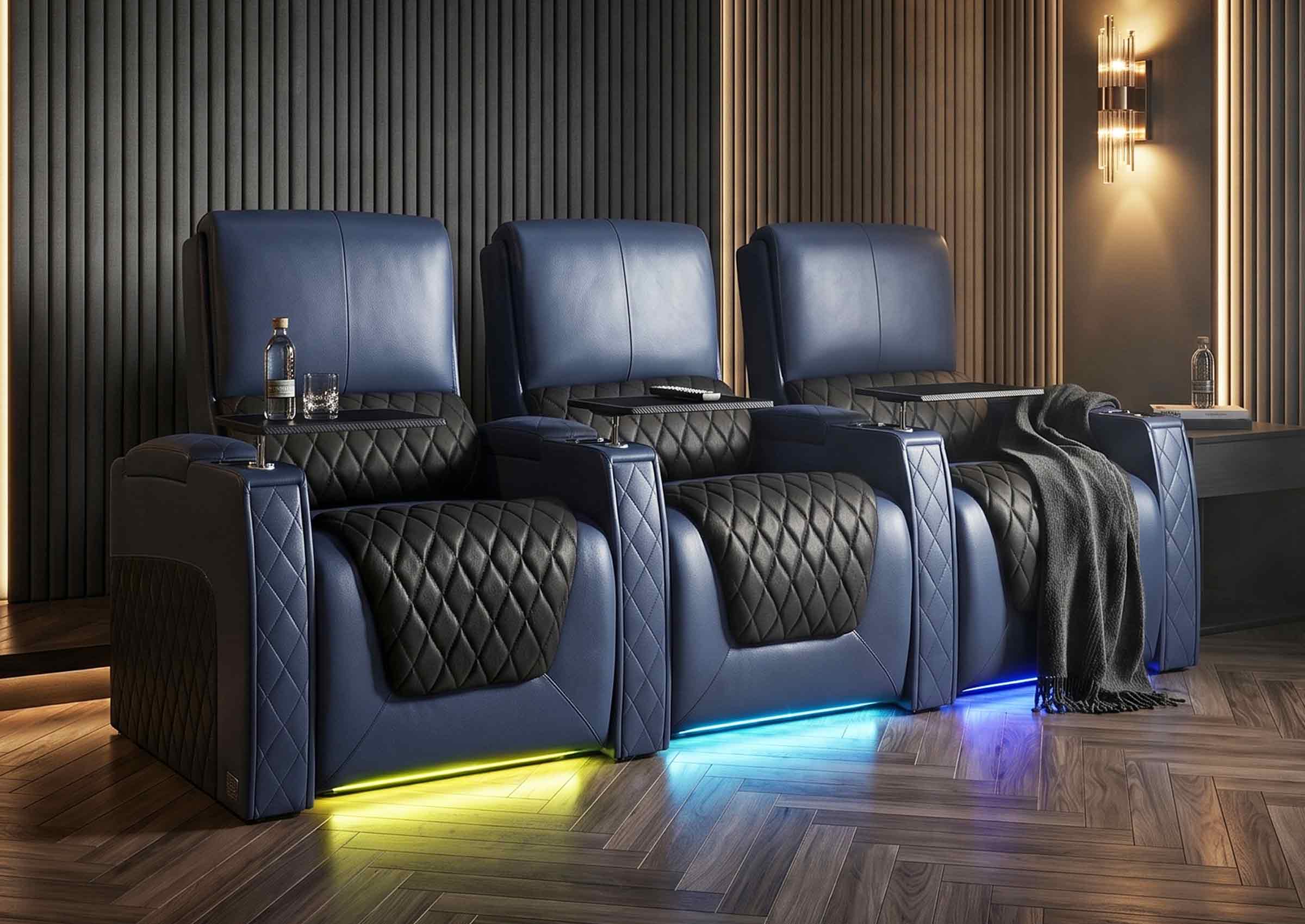 Weilianda AstroUltra Series Blue Custom Dual-Color 3-Seat Home Theater Recliner with Power Headrest & Footrest