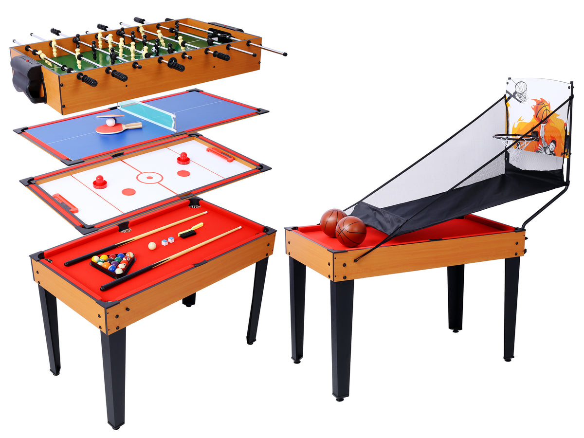 Versatile 5-in-1 Multi-Game Table with Billiards, Foosball & More, Brown/Red