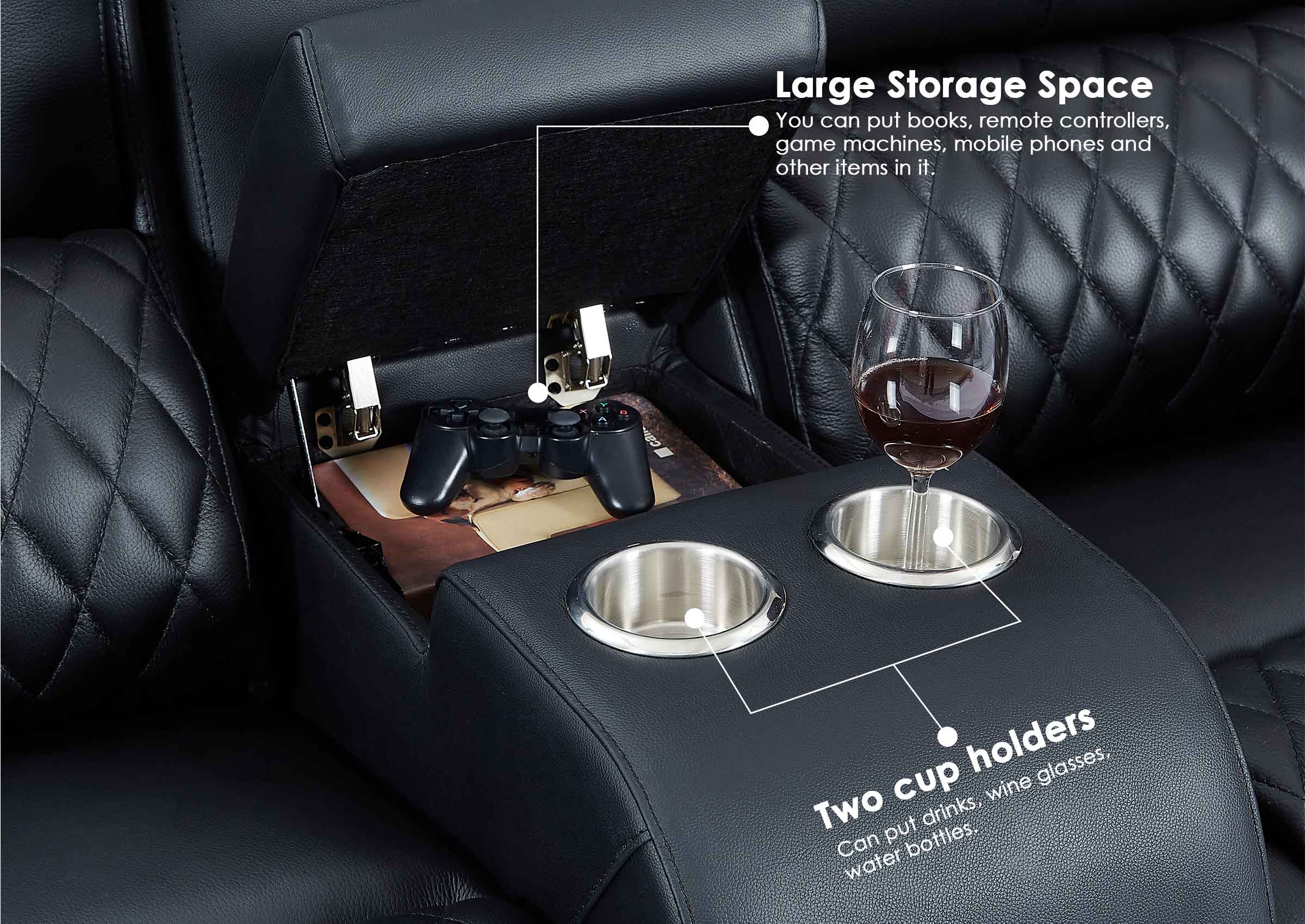 Weilianda Center Storage Console for Home Theater Seating | Large Armrest Storage, Wide Surface, 2 Cup Holders