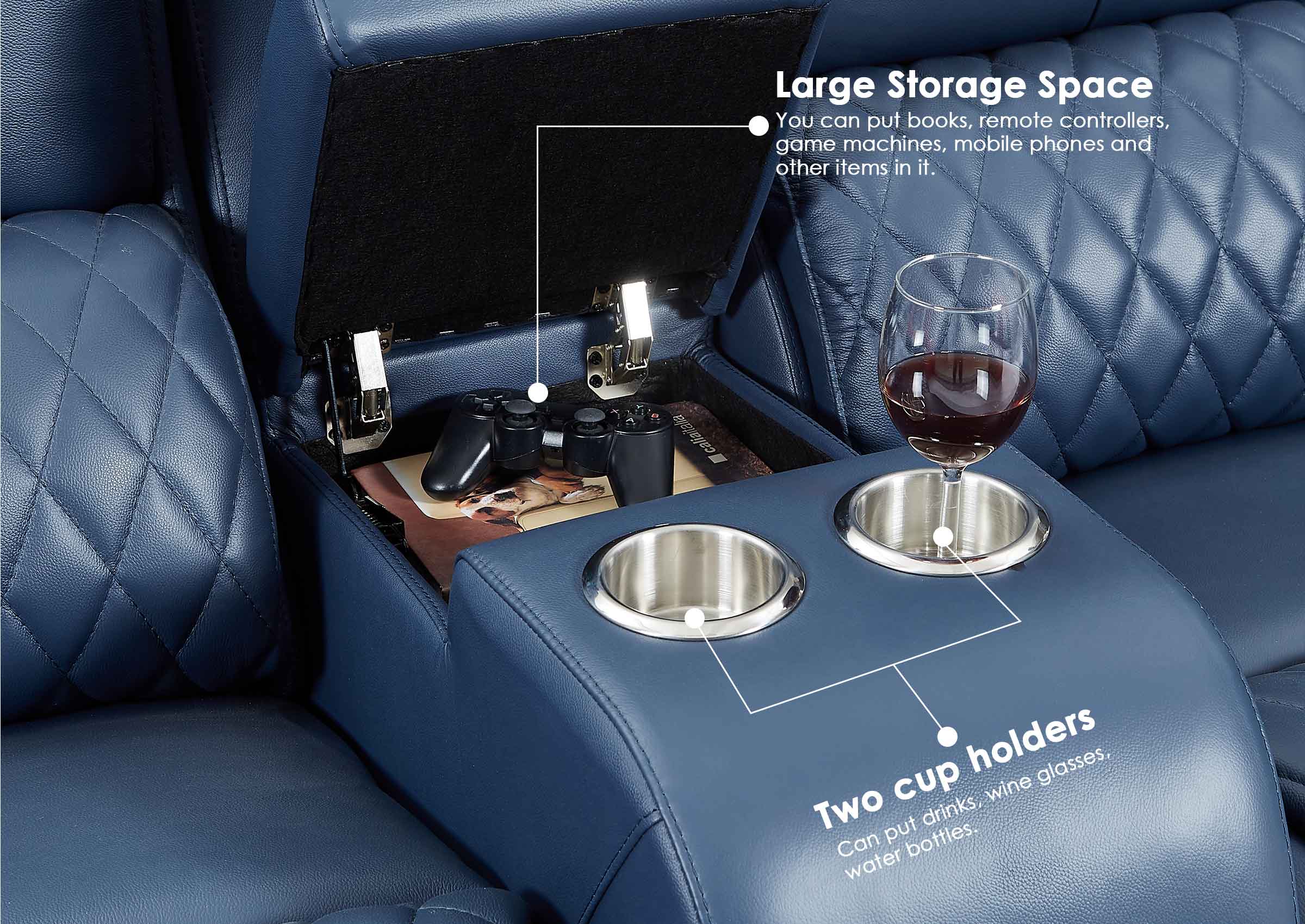 Weilianda Center Storage Console for Home Theater Seating | Large Armrest Storage, Wide Surface, 2 Cup Holders