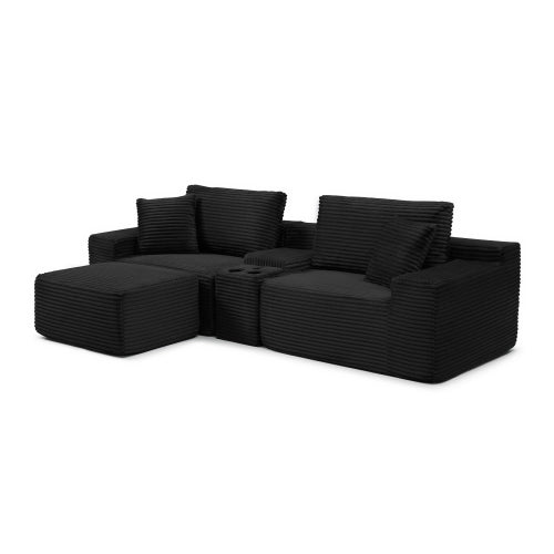 Plush Deep-Seat Corduroy Cloud Sectional with Storage, Charging & Movable Ottoman