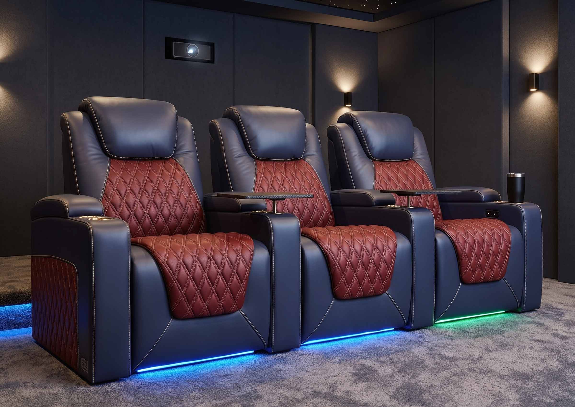 Weilianda Chic Series Blue Custom Two-Tone 3-Seat Power Recliner | LED Lighting for Movie Room