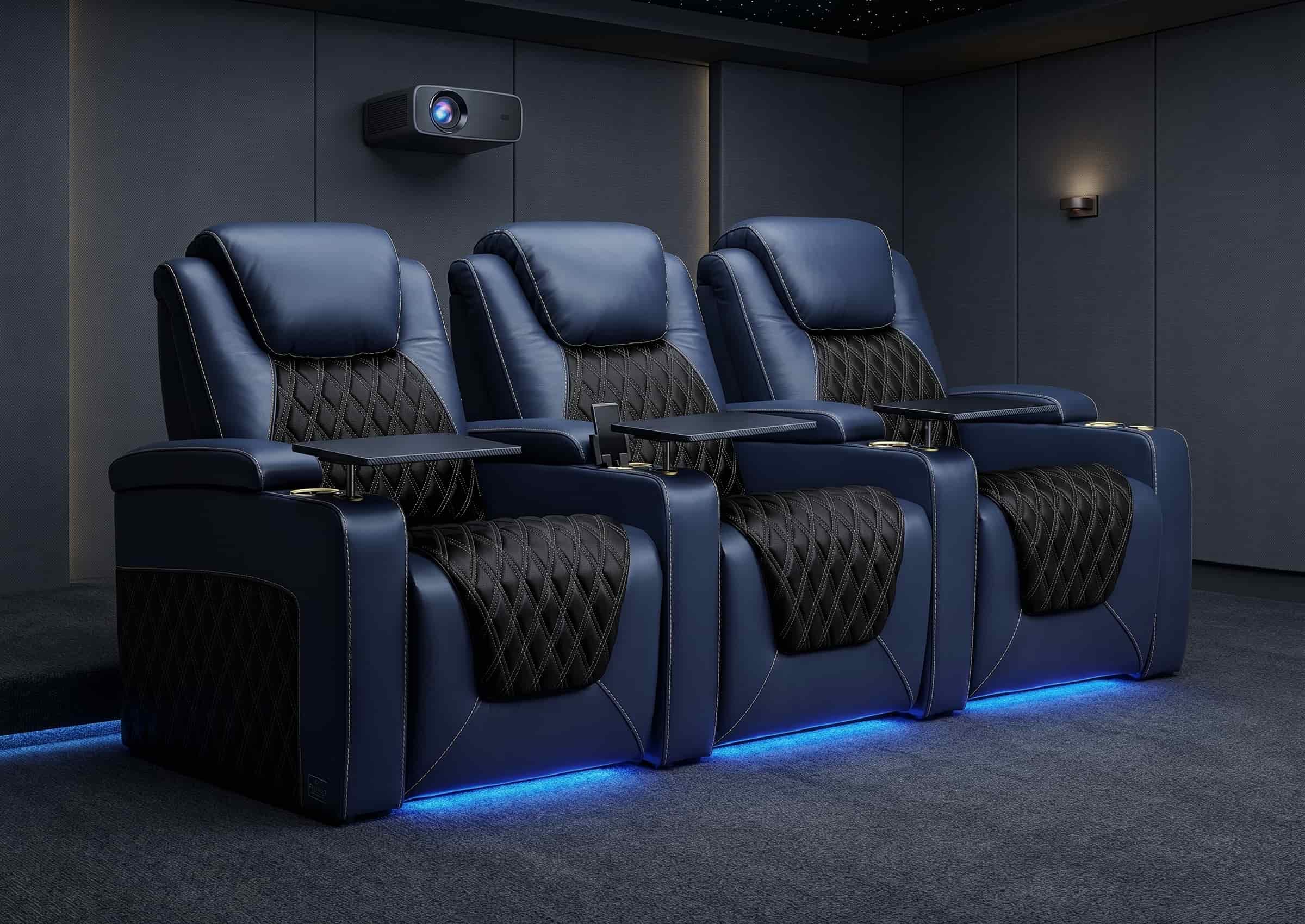 Weilianda Chic Series Blue Custom Two-Tone 3-Seat Power Recliner | LED Lighting for Movie Room