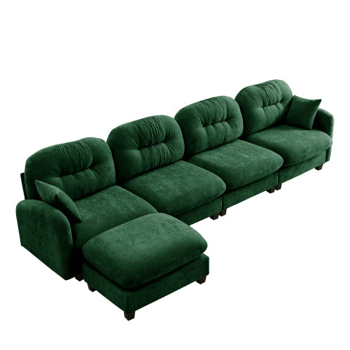 Plush L-Shaped Modular Sectional Sofa with Ottoman & Tufted Backrest, Beige