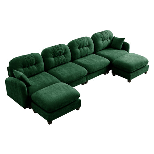 Plush L-Shaped Modular Sectional Sofa with Ottoman & Tufted Backrest, Beige