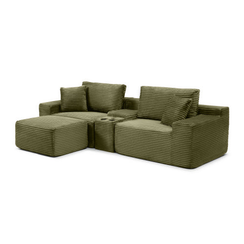 Plush Deep-Seat Corduroy Cloud Sectional with Storage, Charging & Movable Ottoman
