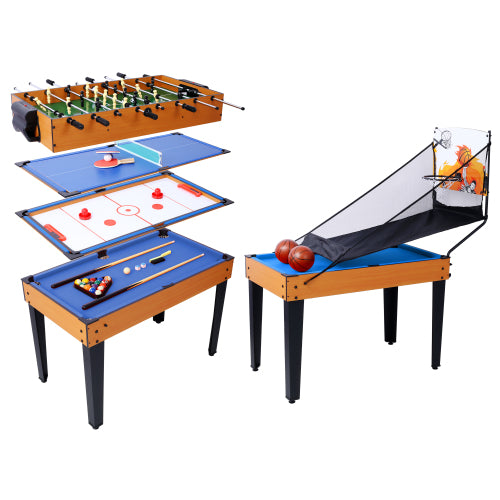 Versatile 5-in-1 Multi-Game Table with Billiards, Foosball & More, Brown/Red