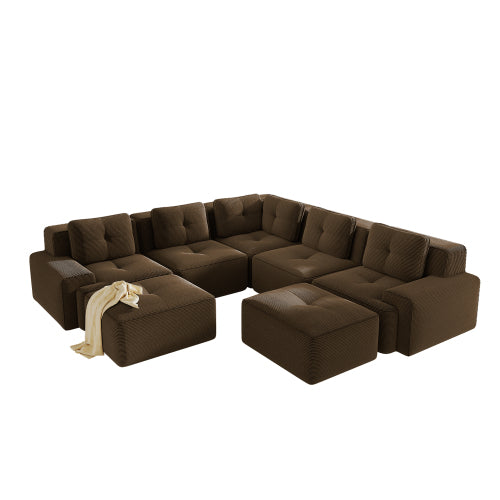 Oversized 6-Seater V-Shaped Corduroy Sectional with Dual Movable Ottomans