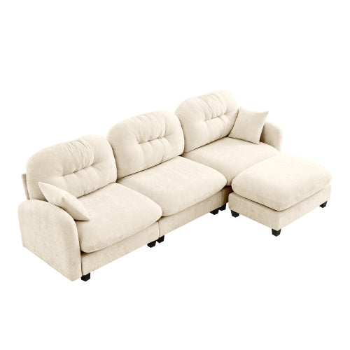 Plush L-Shaped Modular Sectional Sofa with Ottoman & Tufted Backrest, Beige