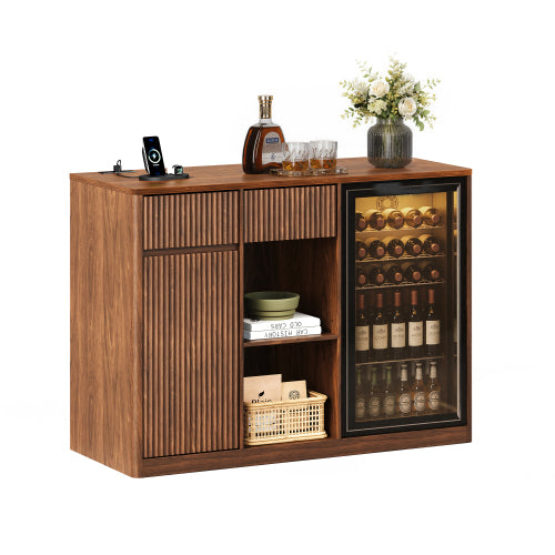 Fluted 51" Bar Cabinet with Fridge Space, Charging Hub & Wine Glass Rack, Black