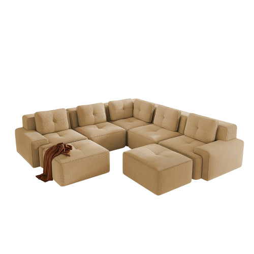 Oversized 6-Seater V-Shaped Corduroy Sectional with Dual Movable Ottomans