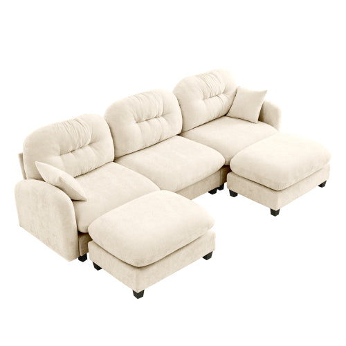 Plush L-Shaped Modular Sectional Sofa with Ottoman & Tufted Backrest, Beige
