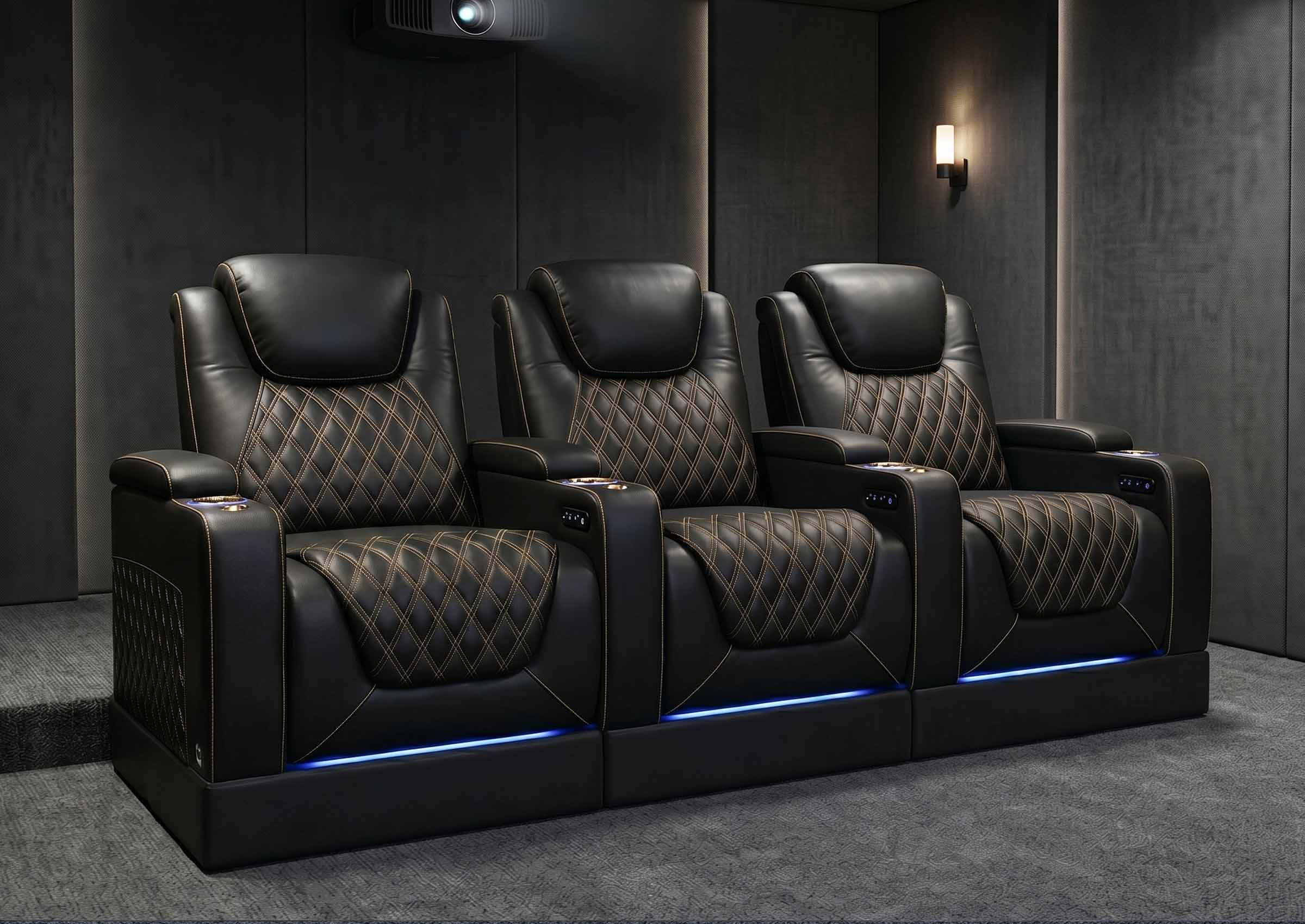 Weilianda Chic Riser Series Home Theater Seating Row of 3 | Gold Accent Chair with LED Lighting