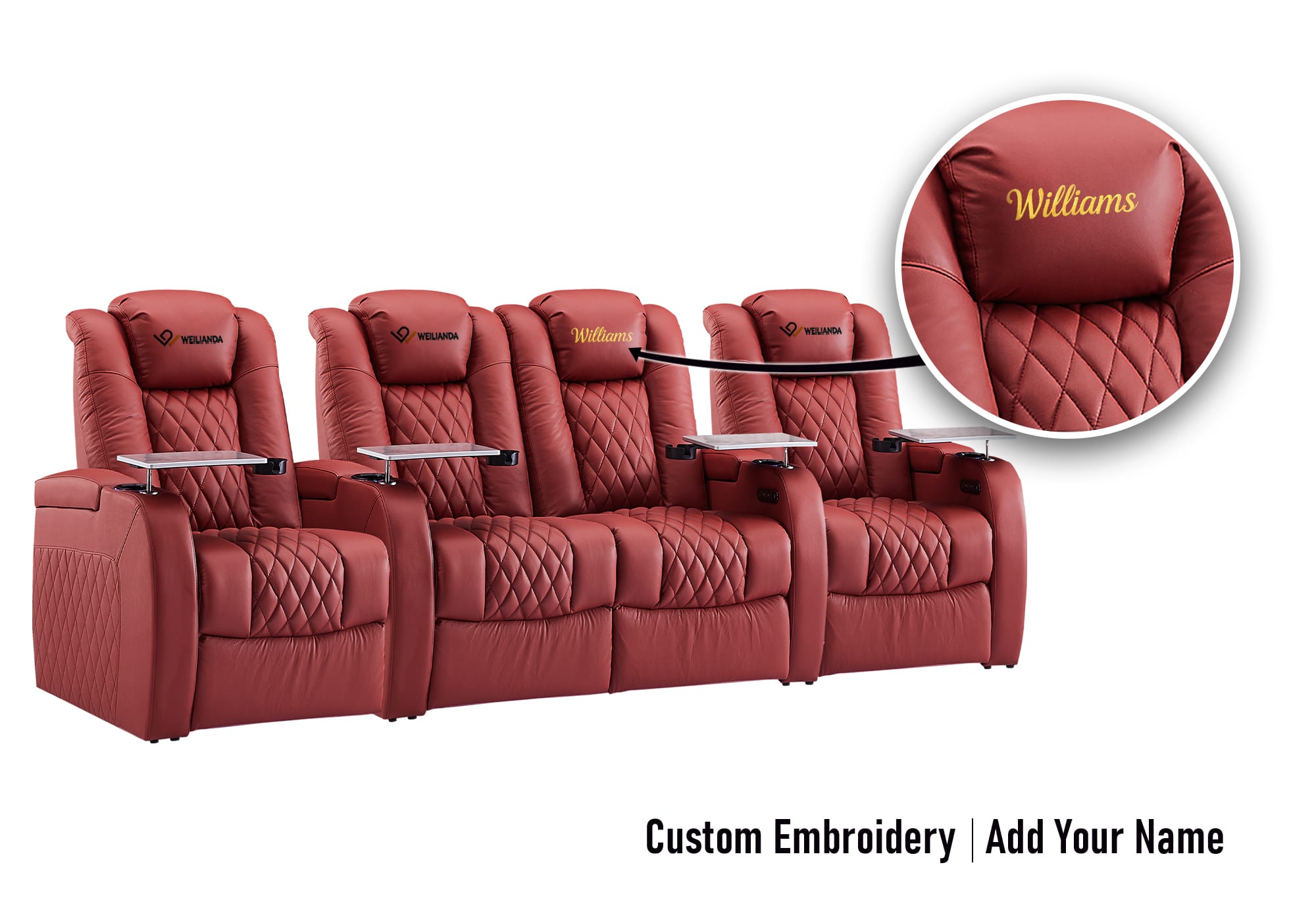 Weilianda FortLux Series Headrest Embroidery Custom 4-Seat Genuine Leather Sofa | Zero Gravity Seating for Home Theater