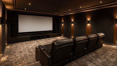 Organized home theater room with screen wall and recliner seating
