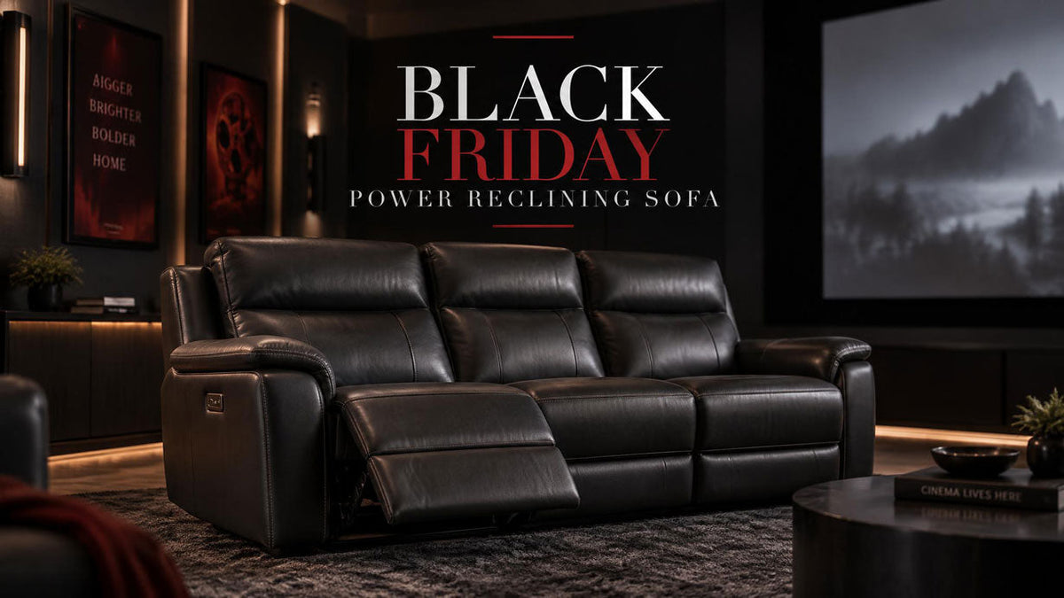 Dark power reclining sofa in a modern media room with subtle Black Friday styling