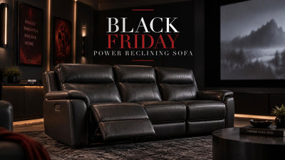 Dark power reclining sofa in a modern media room with subtle Black Friday styling