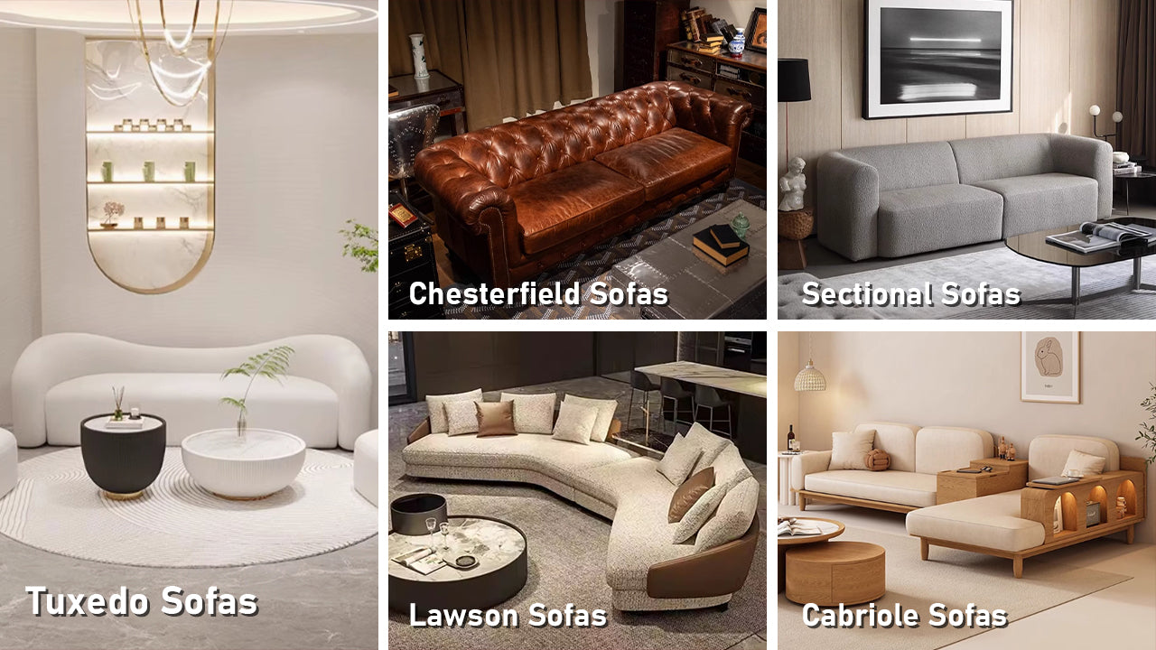 A furniture catalog grid displaying five different sofa styles: Tuxedo, Chesterfield, Sectional, Lawson, and Cabriole, each photographed in different room settings.