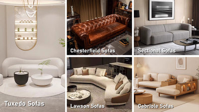 A furniture catalog grid displaying five different sofa styles: Tuxedo, Chesterfield, Sectional, Lawson, and Cabriole, each photographed in different room settings.
