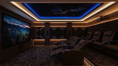 Leather power reclining sectional in a home media room setup
