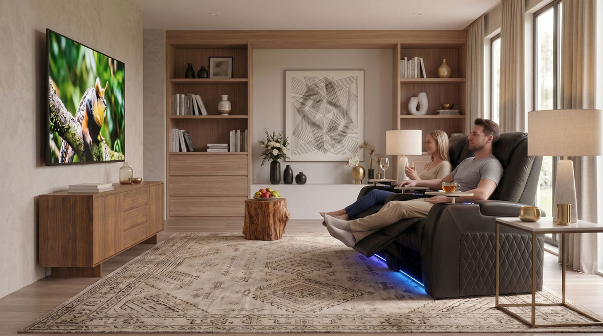 organized media room with recliner seating and clear walking space