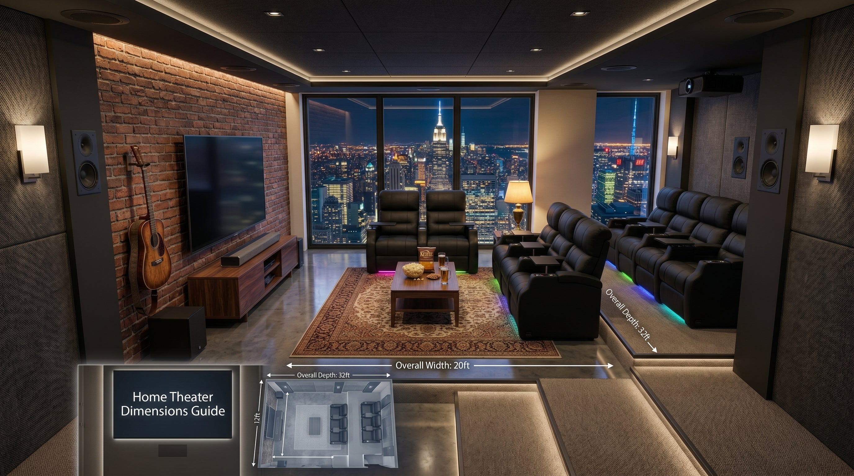 Home theater layout with screen and recliner seating