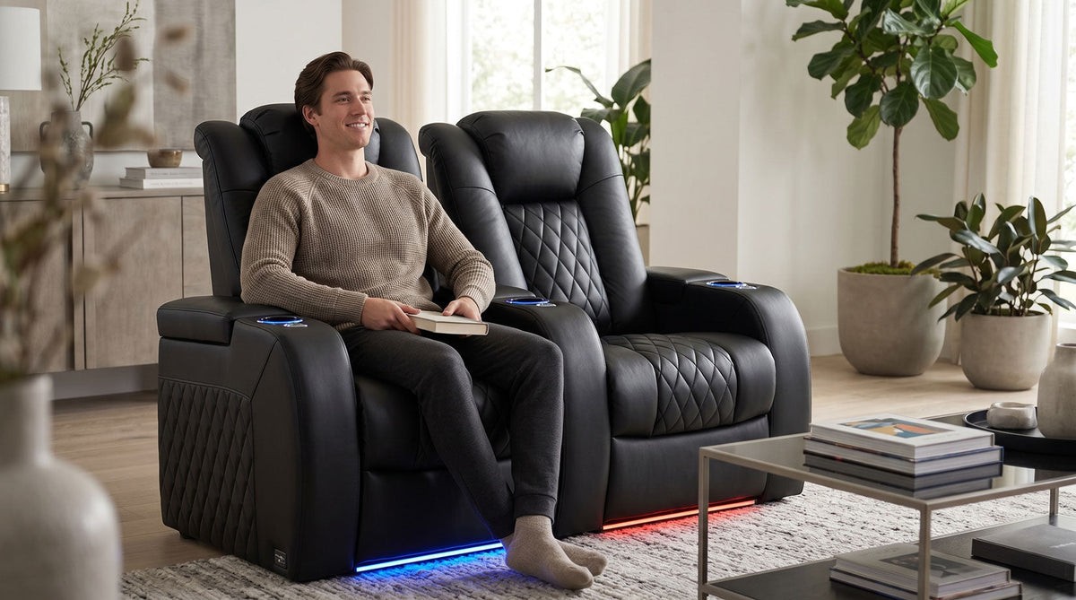 Tall person sitting on a high back sofa with proper support