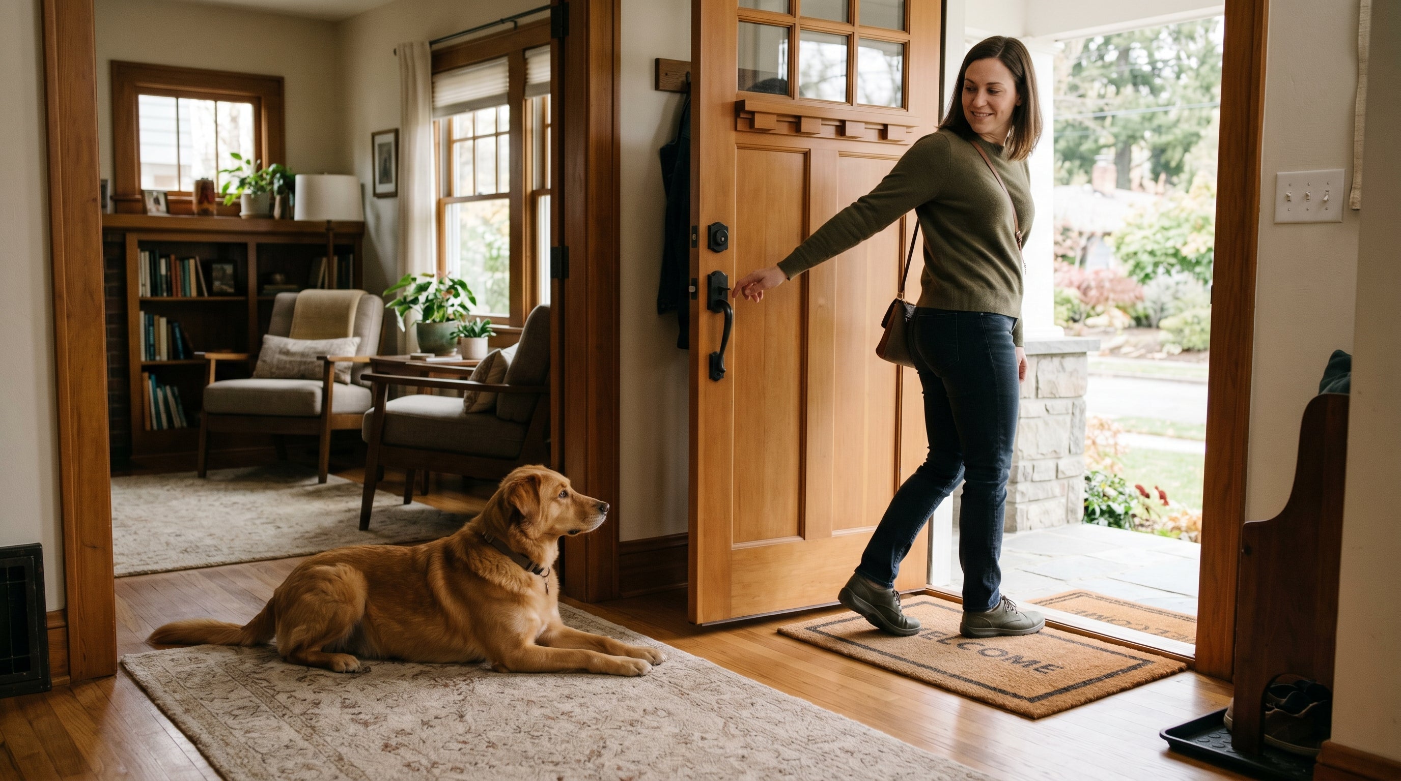 dog staying calm while owner leaves home