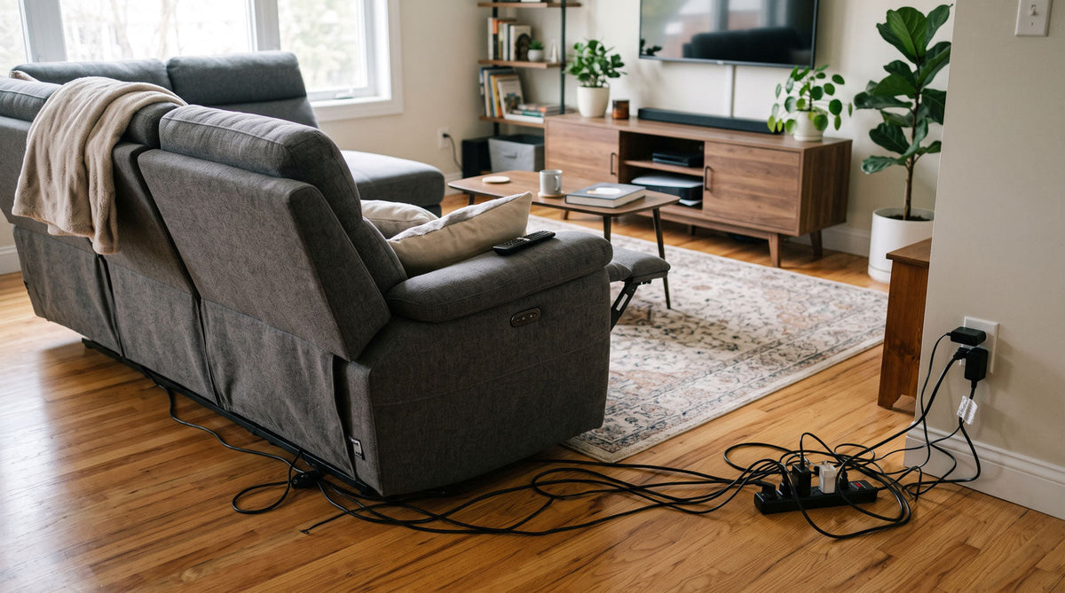 Power recliner sofa with visible cables behind seating in living room