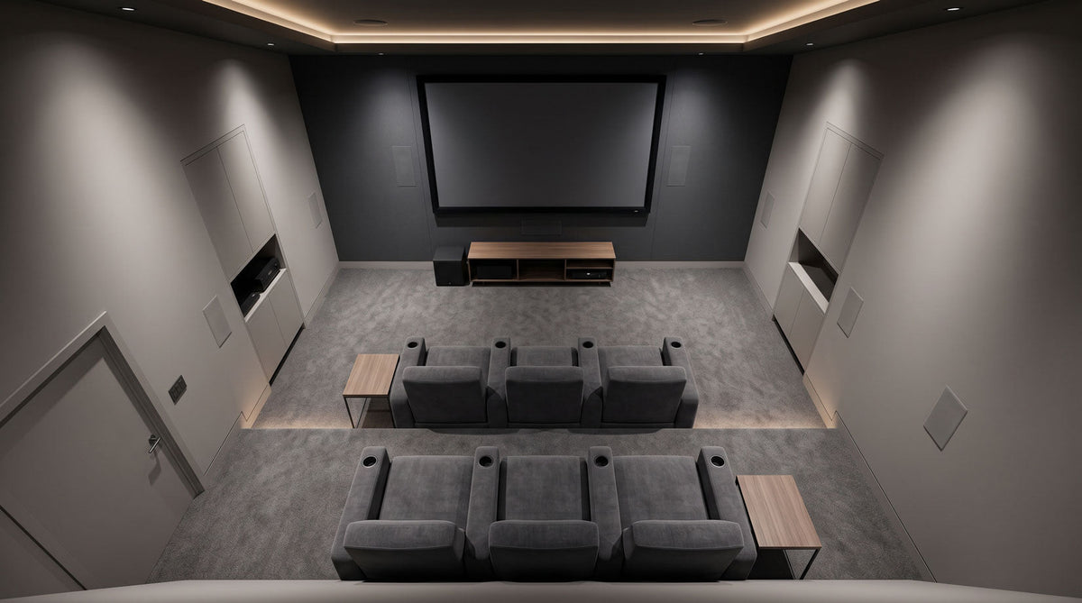 Simple home theater layout showing screen centered with balanced seating