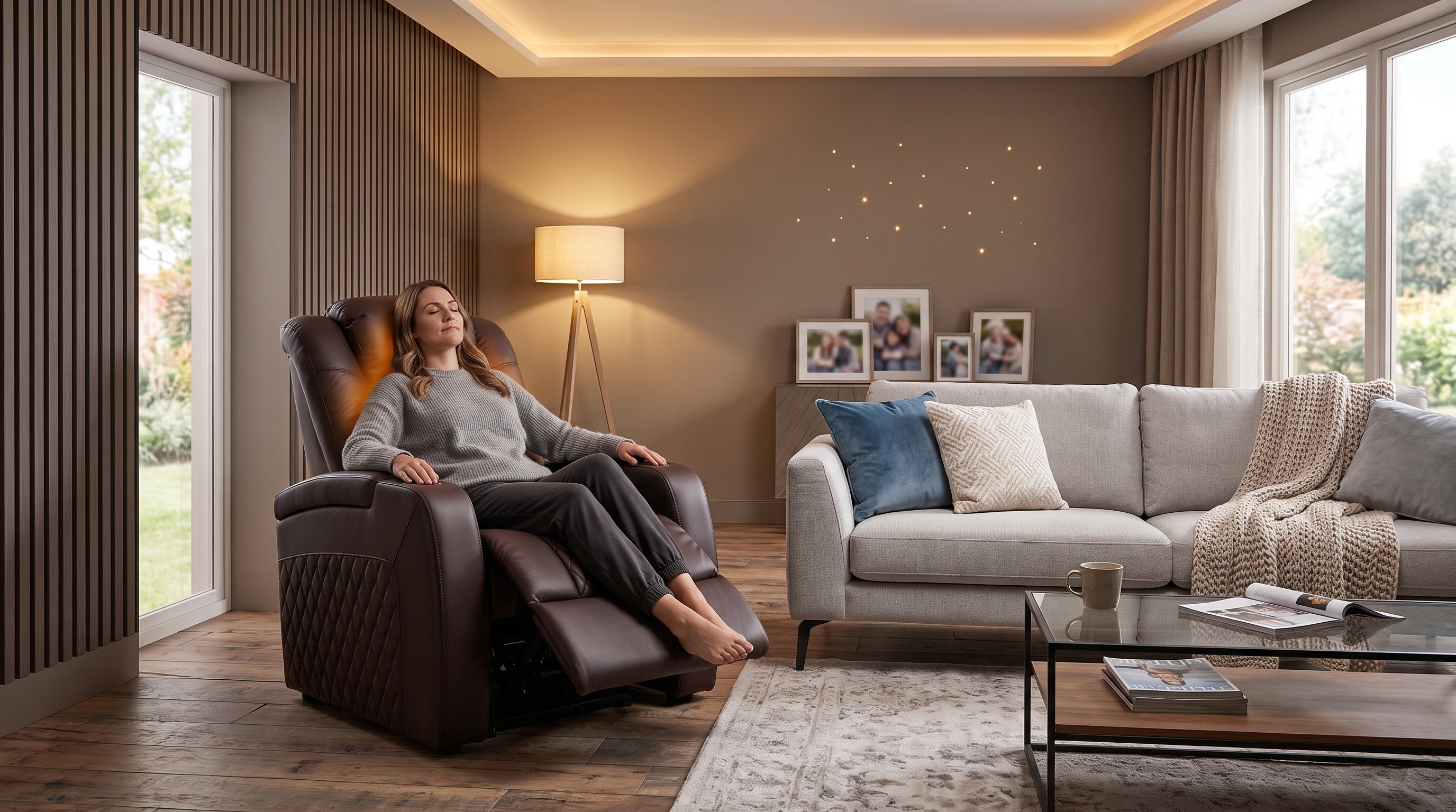 Modern massage chair recliner in a home living room with relaxed seating posture