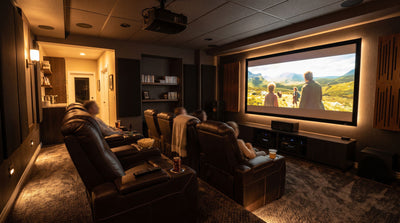 modern home theater setup with recliner seating and large screen