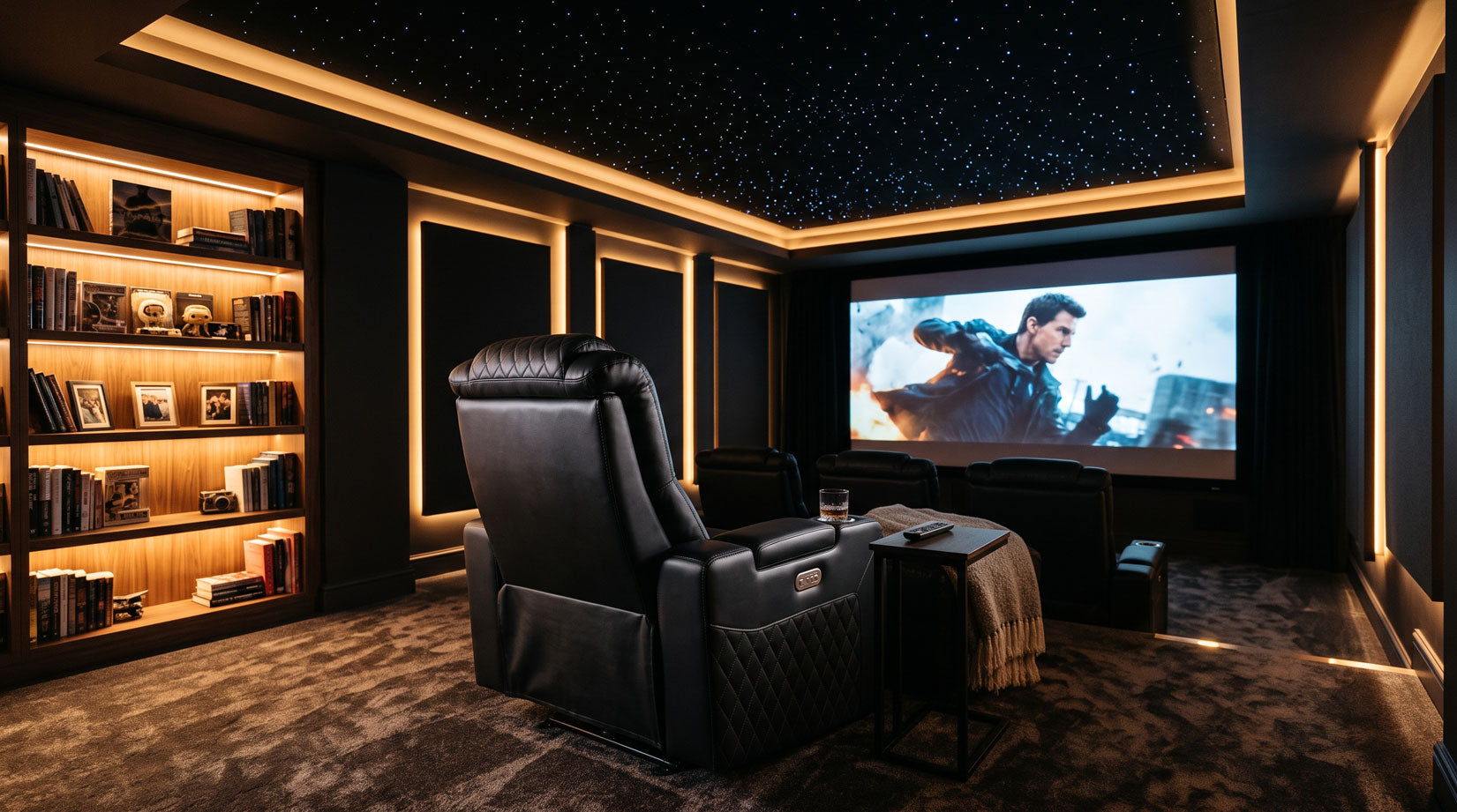 black recliner in a modern home theater room
