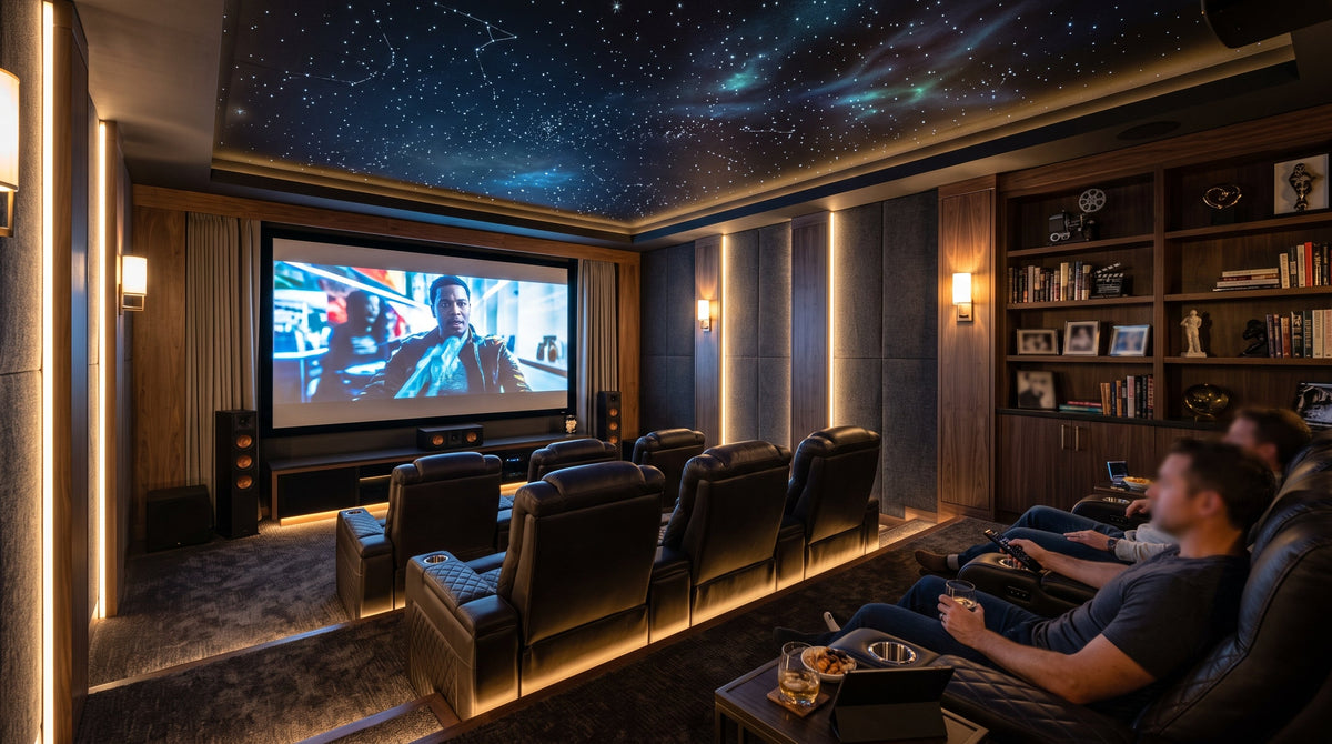 modern home theater room with comfortable reclining seating and ambient lighting
