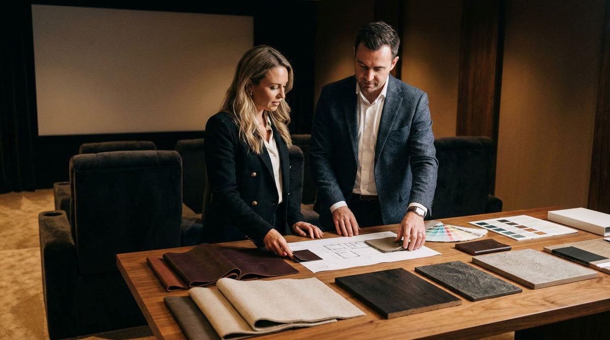 Interior designer reviewing theater seating material and color samples for a private home theater project