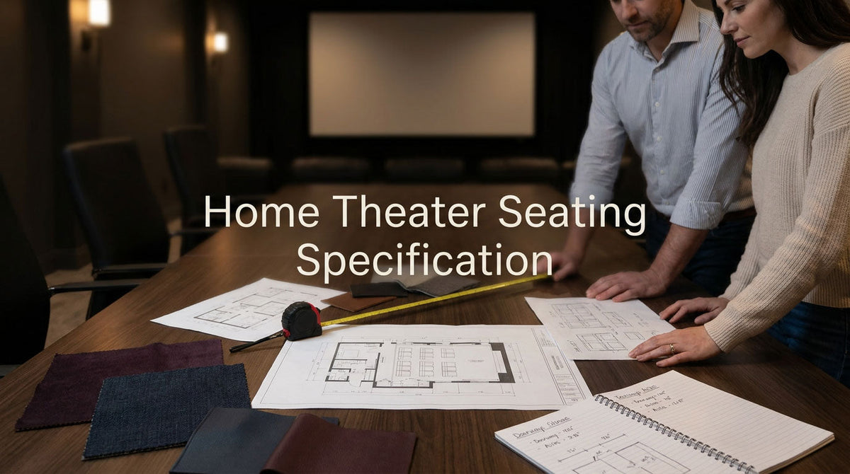 Home theater seating specification package with room plan, seating layout, and finish samples for a private project