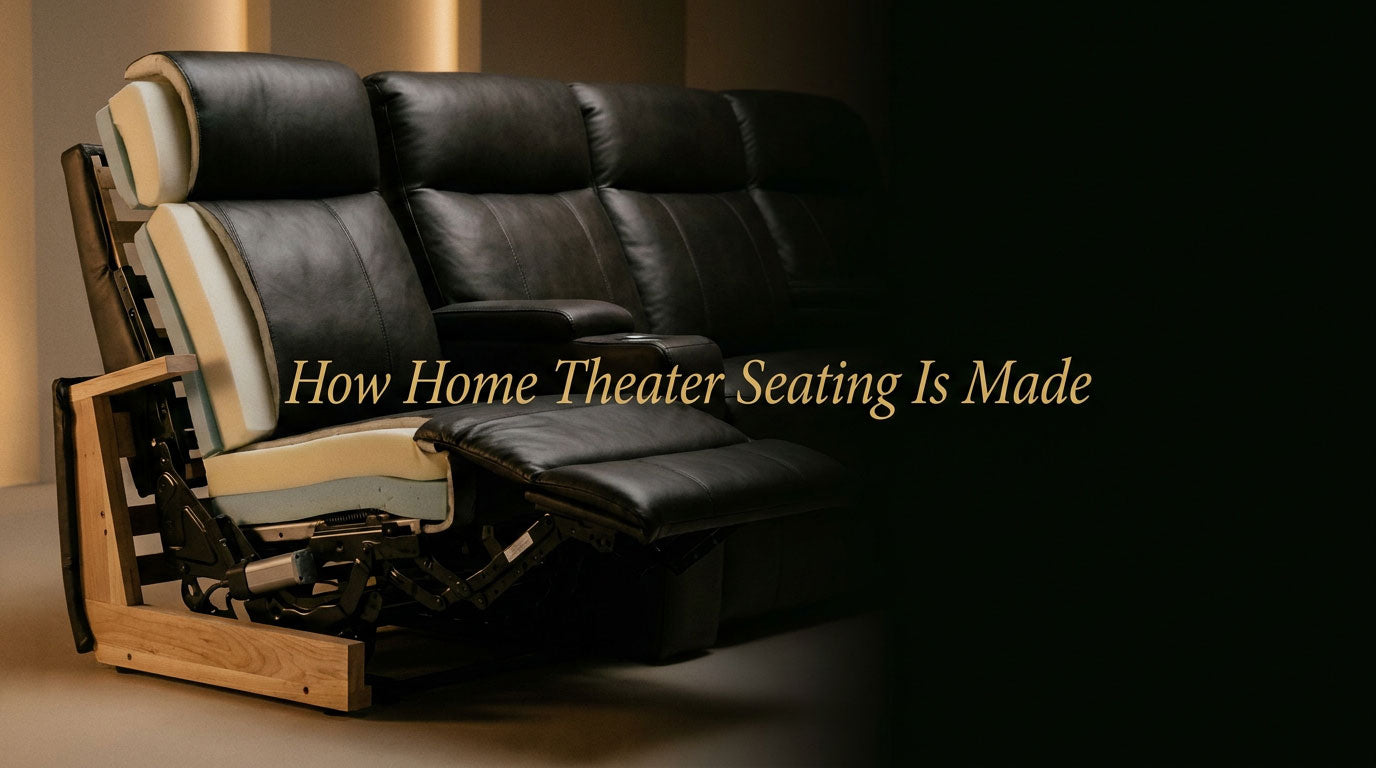 How home theater seating is made with support structure reclining mechanism cushioning and upholstery