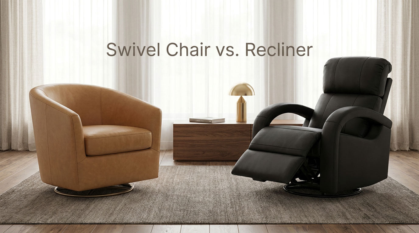 Upholstered swivel chair and reclining chair compared in a modern living room