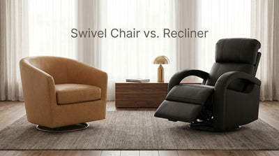 Upholstered swivel chair and reclining chair compared in a modern living room