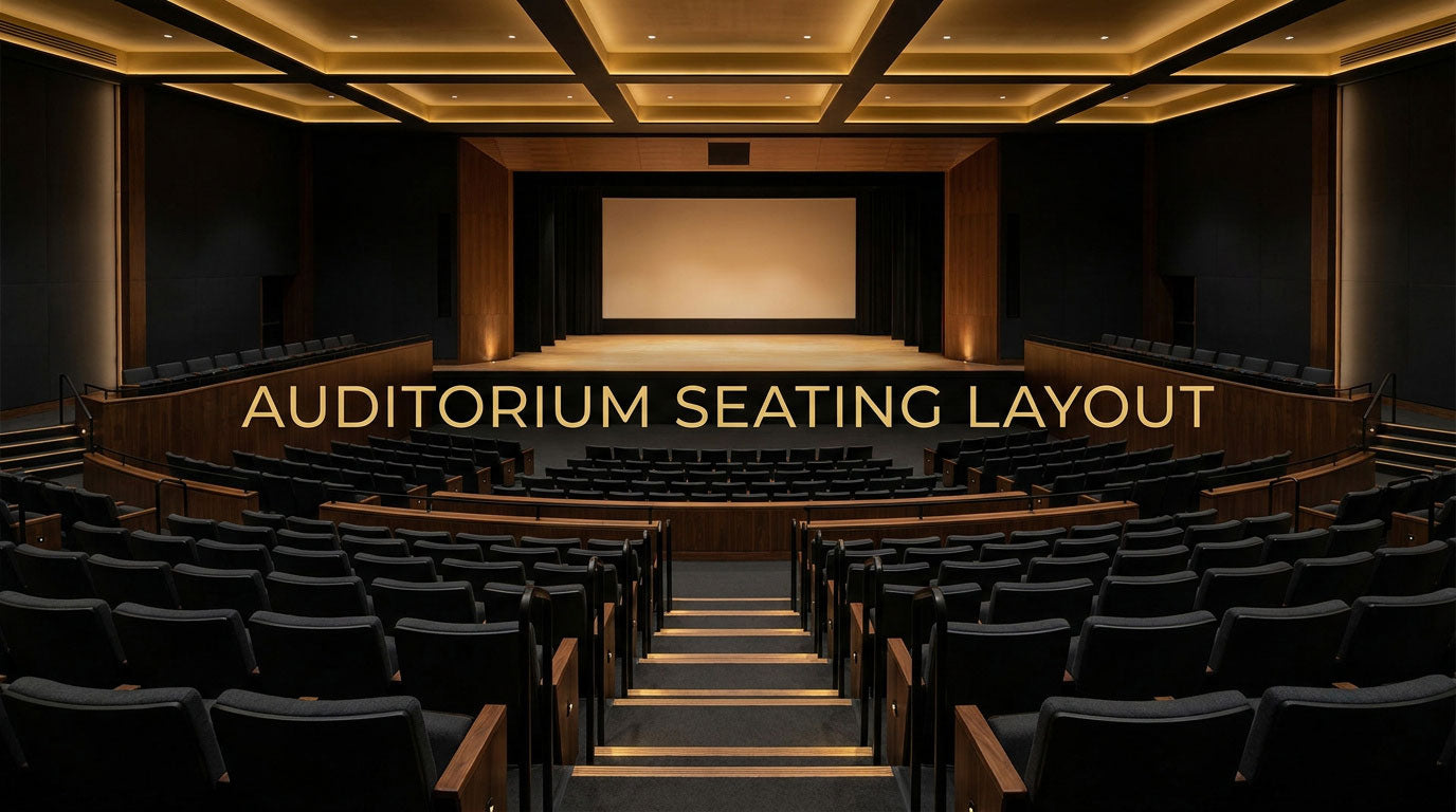 Modern auditorium seating layout with tiered rows aisles and a central stage