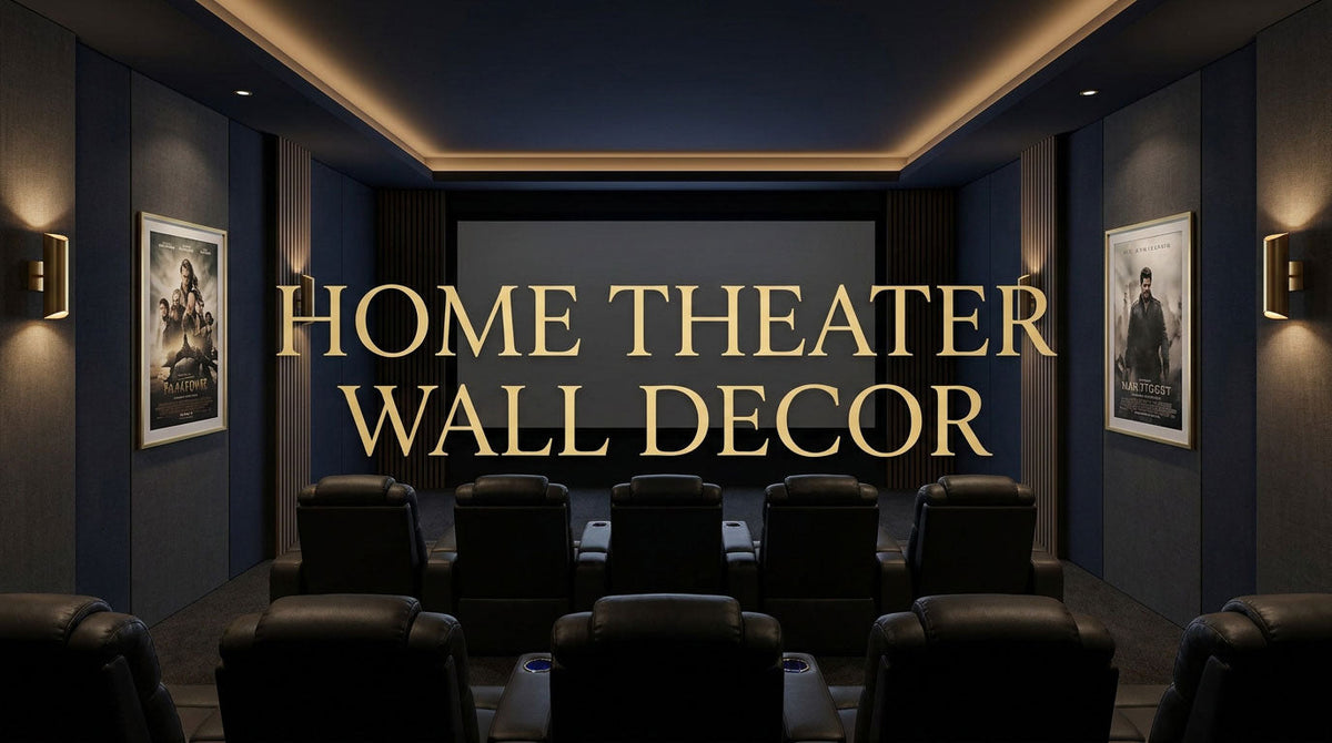 Home theater with coordinated wall decor, movie posters and leather seating