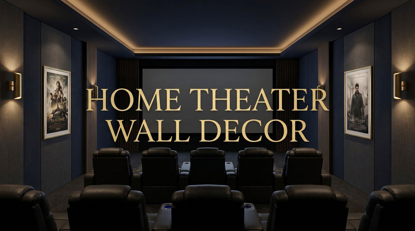 Home theater with coordinated wall decor, movie posters and leather seating