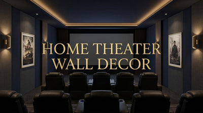 Home theater with coordinated wall decor, movie posters and leather seating