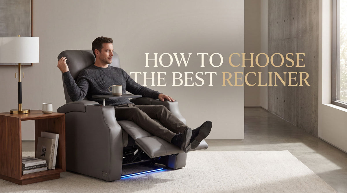 Person comparing recliner fit and room space in a modern living room