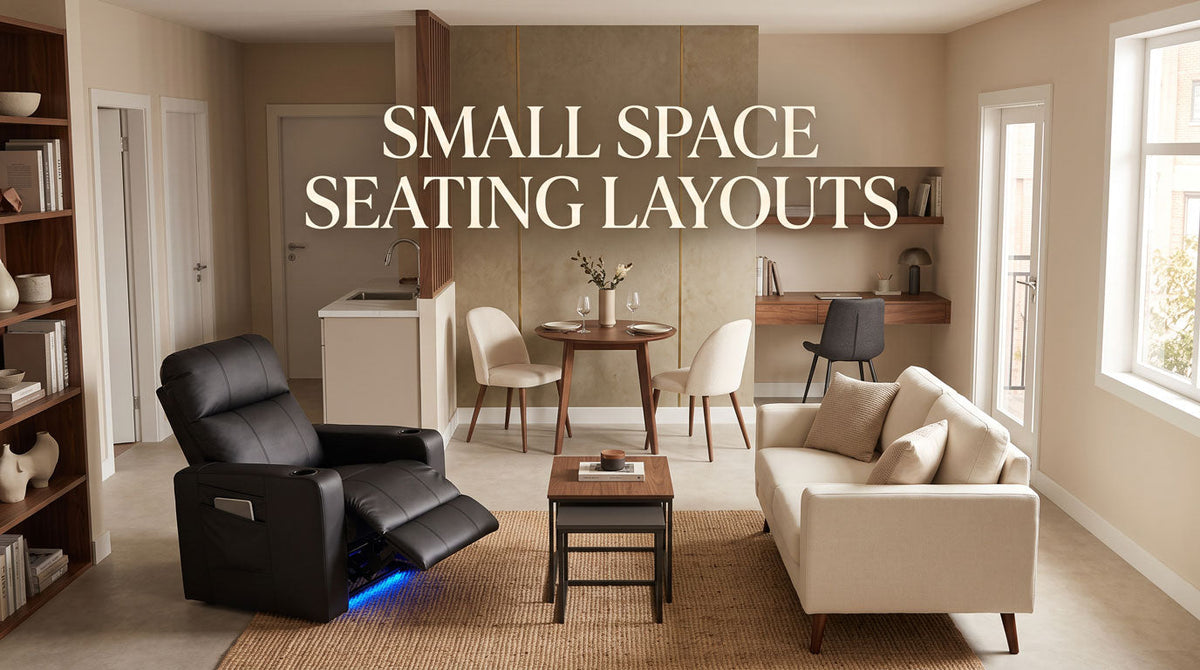 Recliner, loveseat, and sofa arranged in a compact open-plan living space