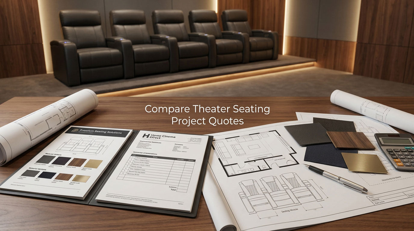 Two theater seating project quotes beside a room plan, module diagram, finish samples, and calculator