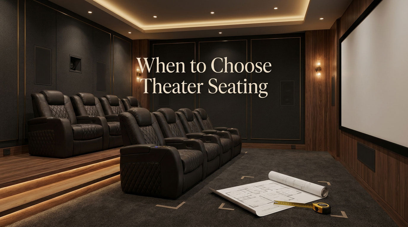 Private home theater project with seating coordinated around the riser, screen, lighting, and electrical plan