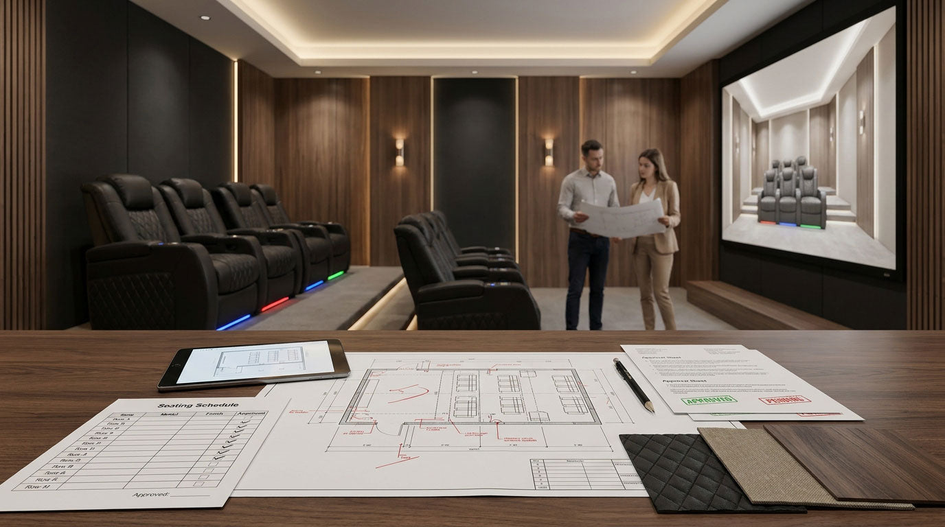 Theater seating project coordination checklist with seating plans, project documents, and a private theater