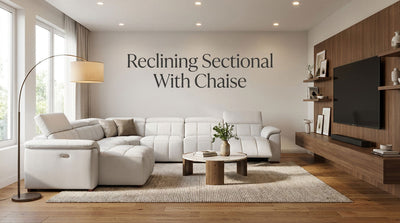 Reclining sectional with chaise arranged in a modern living room with open walking space